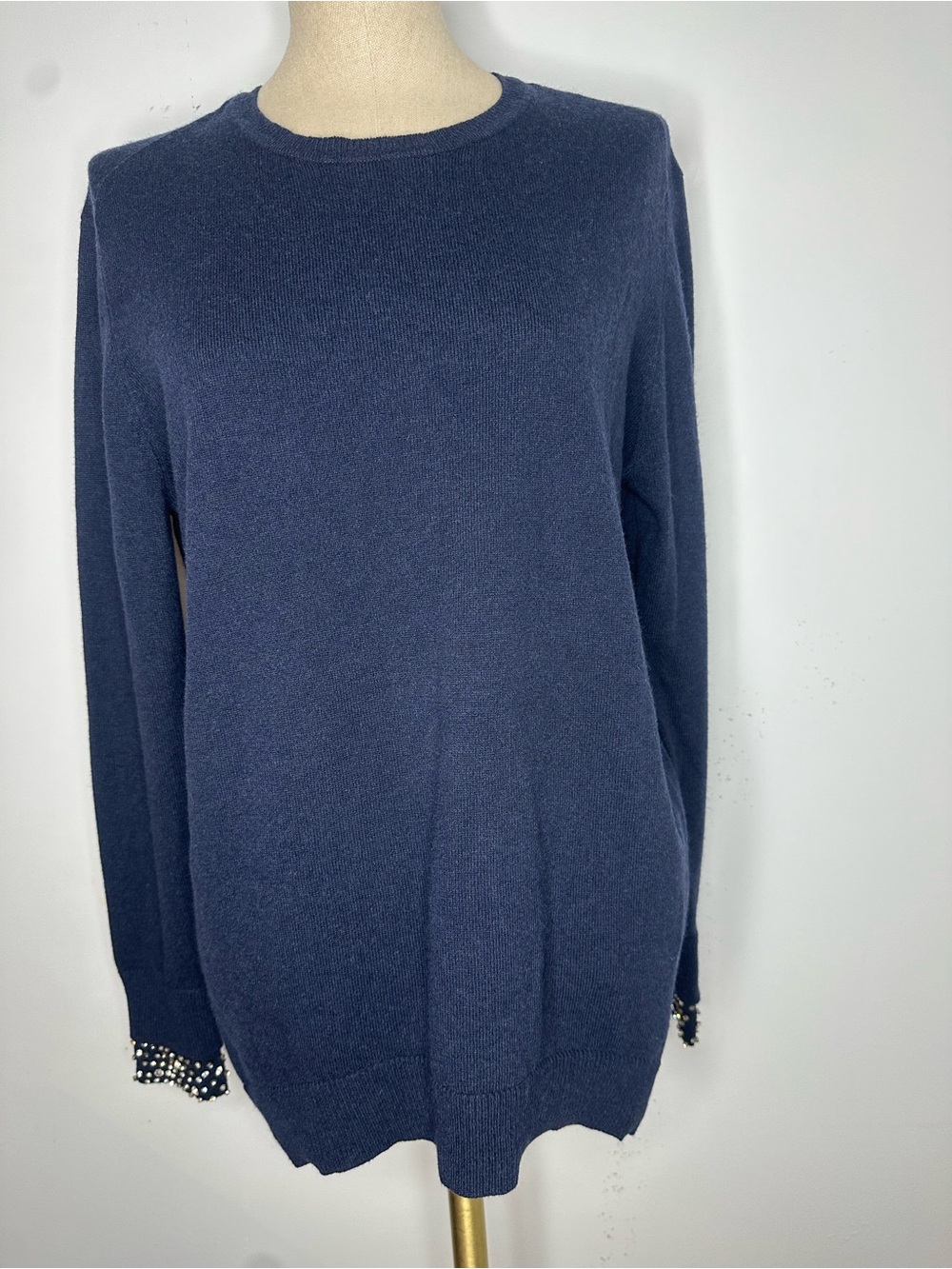 Autumn Cashmere jeweled cuff crewneck sweater in navy size Large